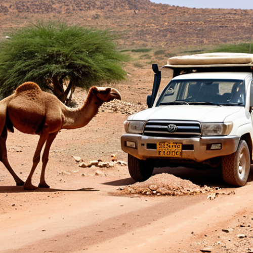 Home 11 **Image Prompt:** A dusty, sun-baked road in Somaliland. A well-maintained Toyota Land Cruiser navigates a pothole-filled section. In the background, a lone camel grazes near a traditional Somali dwelling. Focus on the rugged terrain and the importance of vehicle maintenance for safe travel. Include a subtle warning sign for livestock crossing.