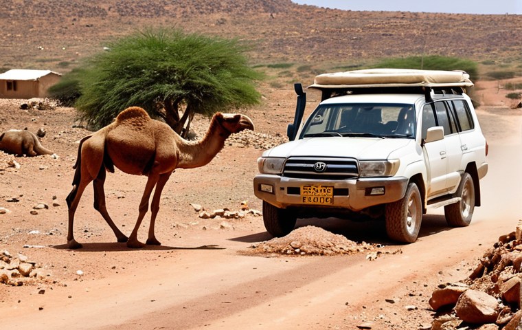 **Image Prompt:** A dusty, sun-baked road in Somaliland. A well-maintained Toyota Land Cruiser navigates a pothole-filled section. In the background, a lone camel grazes near a traditional Somali dwelling. Focus on the rugged terrain and the importance of vehicle maintenance for safe travel. Include a subtle warning sign for livestock crossing.
