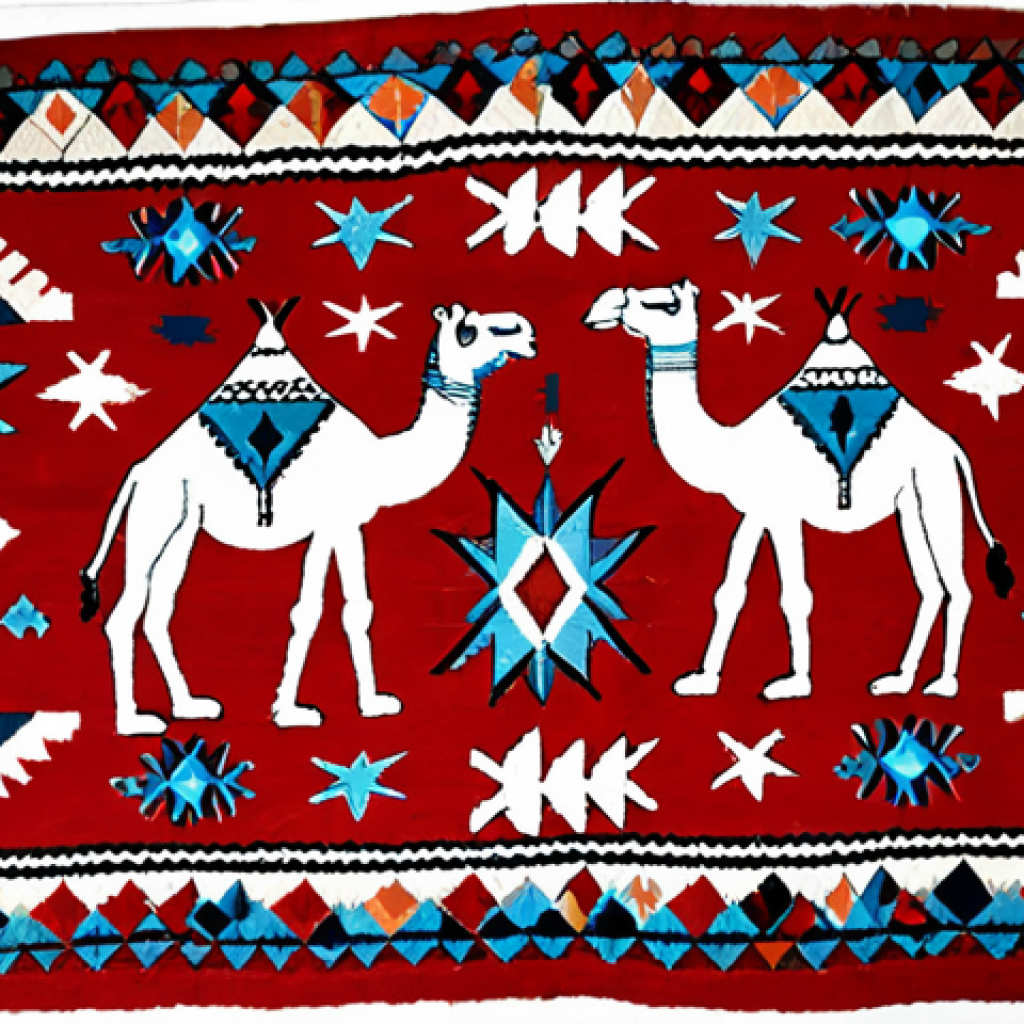 **

"A vibrant Somaliland carpet (kilim) featuring traditional geometric patterns and animal motifs (specifically camels and stars). The colors should be rich reds and blues. Focus on the detail of the woven texture and the symbolism within the designs."

**