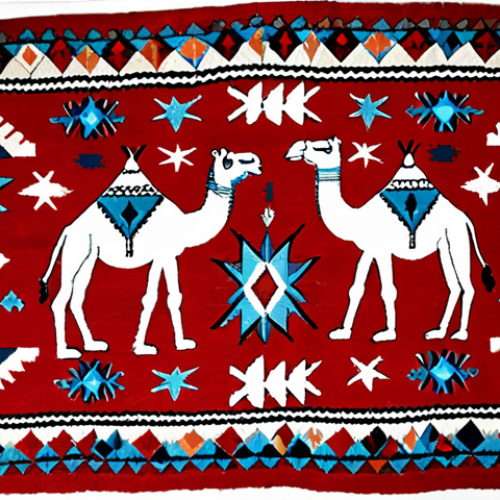 Home 6 **
"A vibrant Somaliland carpet (kilim) featuring traditional geometric patterns and animal motifs (specifically camels and stars). The colors should be rich reds and blues. Focus on the detail of the woven texture and the symbolism within the designs."
**