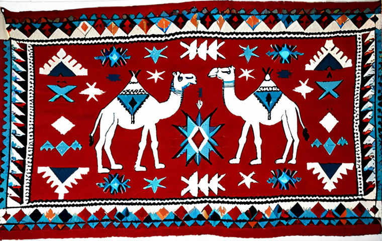 **
"A vibrant Somaliland carpet (kilim) featuring traditional geometric patterns and animal motifs (specifically camels and stars). The colors should be rich reds and blues. Focus on the detail of the woven texture and the symbolism within the designs."
**