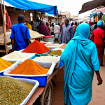 Bustling Hargeisa Marketplace**

"A vibrant scene in a Hargeisa marketplace, Somaliland. A fully clothed woman in modest, colorful Somali dress barters for goods at a stall overflowing with spices and textiles. Other people in appropriate attire browse the stalls. Background features bustling activity and traditional Somali architecture. Safe for work, appropriate content, professional photography, perfect anatomy, natural proportions, high quality, family-friendly."

**