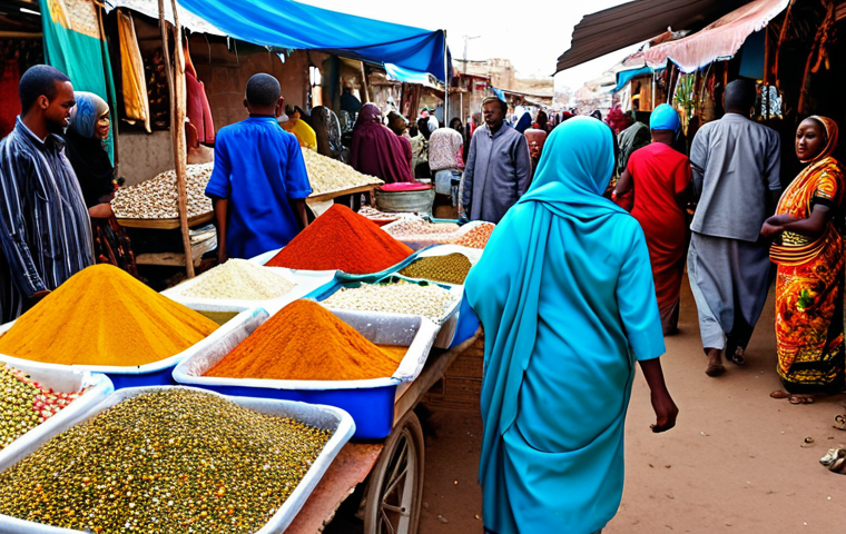 Bustling Hargeisa Marketplace**

"A vibrant scene in a Hargeisa marketplace, Somaliland. A fully clothed woman in modest, colorful Somali dress barters for goods at a stall overflowing with spices and textiles. Other people in appropriate attire browse the stalls. Background features bustling activity and traditional Somali architecture. Safe for work, appropriate content, professional photography, perfect anatomy, natural proportions, high quality, family-friendly."

**